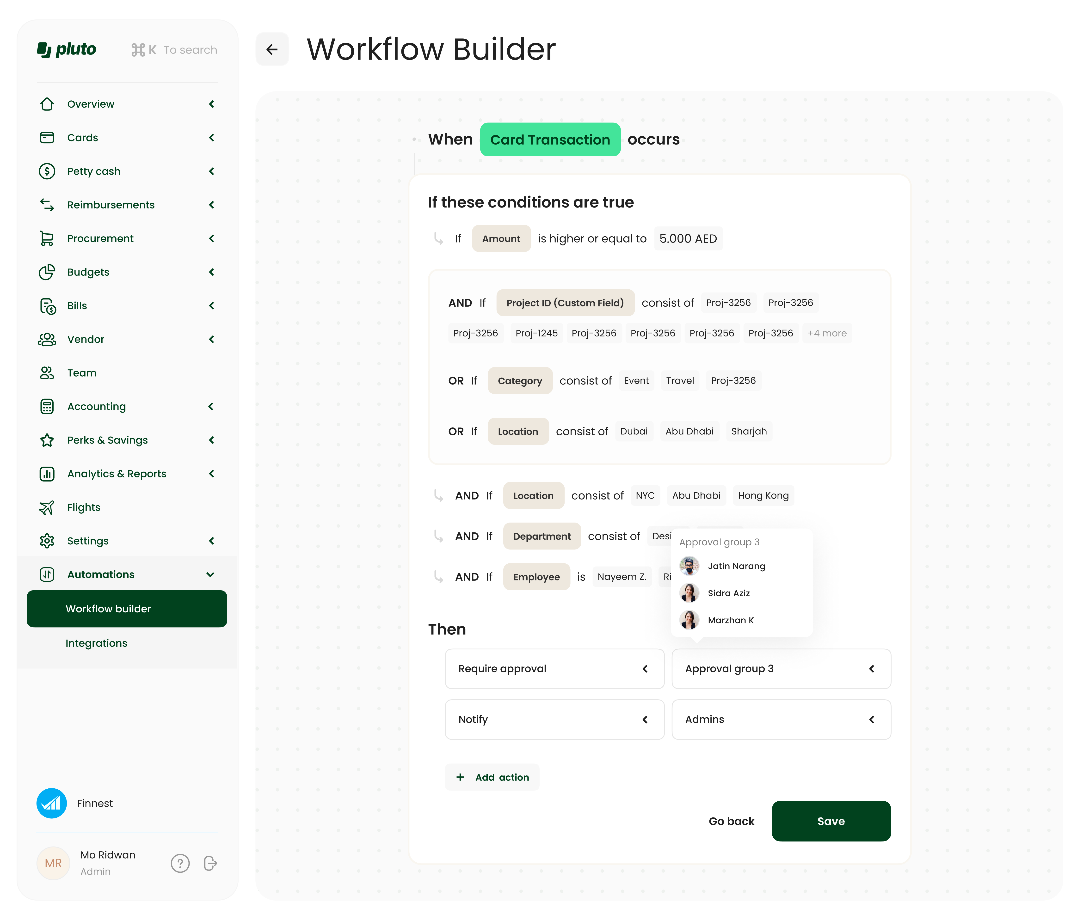 Pluto Workflow Builder with conditional approval groups
